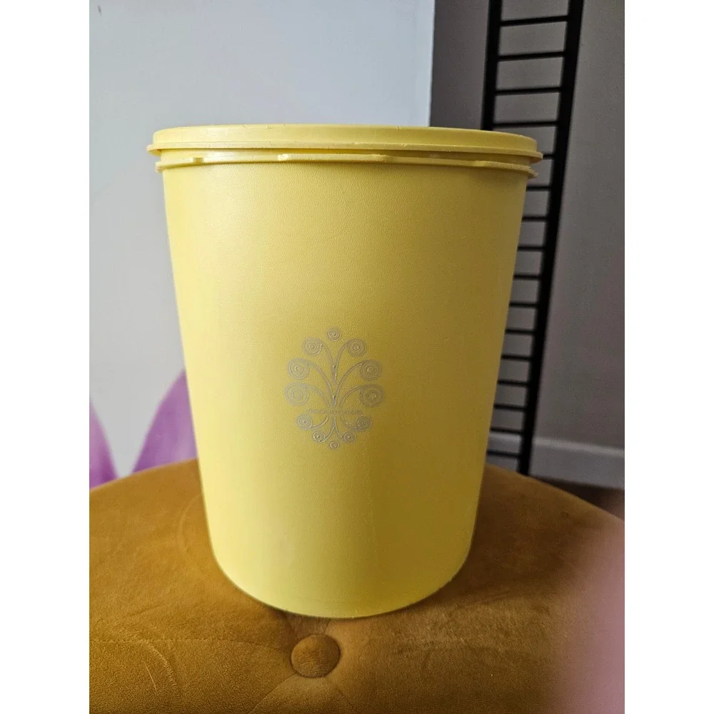 Vintage Tupperware Servalier Canister Set 3p Yellow Brown Sunburst Lid 70s Retro